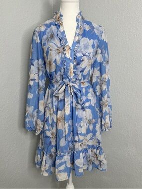 Joie Sky Blue Floral Ruffle Tie-Waist Long Sleeve Dress Small